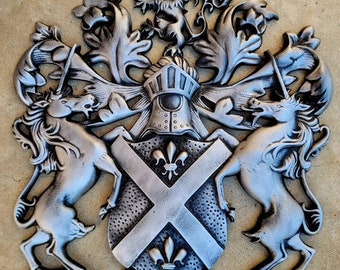 Coat of Arms Wall Plaque Family Crest Design Heraldry PICK YOUR COLOR  Shield Decor Metal Art Unicorn Lion Fleur De Lis Queen King Royal 
