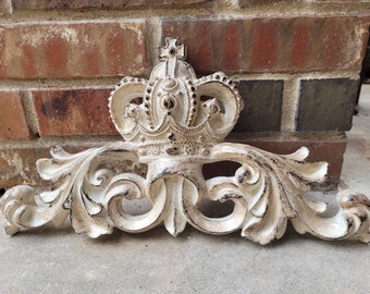 Crown Topper Pediment Art. Cross Fleur de Lis Decor, Scroll over door decor. Medieval Tuscan Old world wall hanging. Traditional Royalty