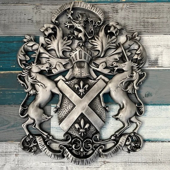 Coat of Arms Wall Plaque Family Crest Design Heraldry | PICK YOUR COLOR |  Shield Wall Decor Metal Art Unicorn Lion Fleur de Lis Coat of Arms