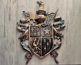 Gold Coat of Arms Wall Plaque | PICK YOUR COLOR | Medieval Shield Knight Helmet Decor Old World Tuscan Wall Decor Wall Hanging Fleur de Lis