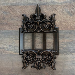 Metal Fleur de Lis Triple Rocker Light Switch Plate Cover | PICK YOUR COLOR | Tuscan | Medieval | Old World | Three gang decora plate