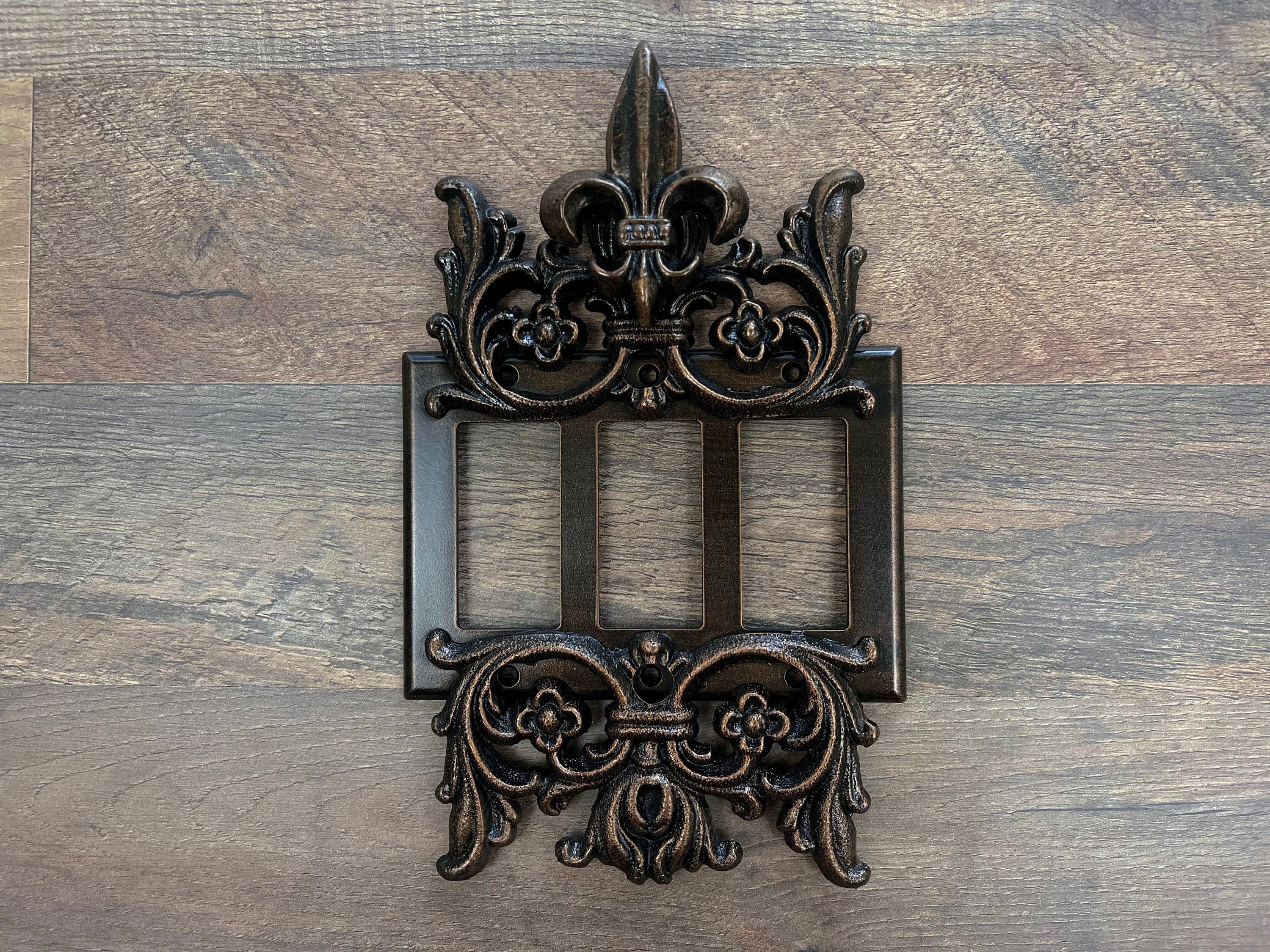 Metal Fleur de Lis Triple Rocker Light Switch Plate Cover | PICK YOUR COLOR | Tuscan | Medieval | Old World | Three gang decora plate