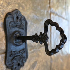 May include: A black, ornate key inserted into a matching keyhole plate. The key and plate have a vintage aesthetic, with decorative floral and scrollwork details. The key's handle has a unique, wavy design.