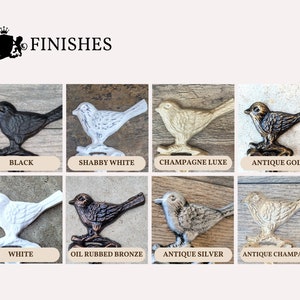 May include: A chart showing different finishes for cast iron bird hooks. The finishes include black, shabby white, champagne luxe, antique gold, white, oil rubbed bronze, antique silver, and antique champagne.