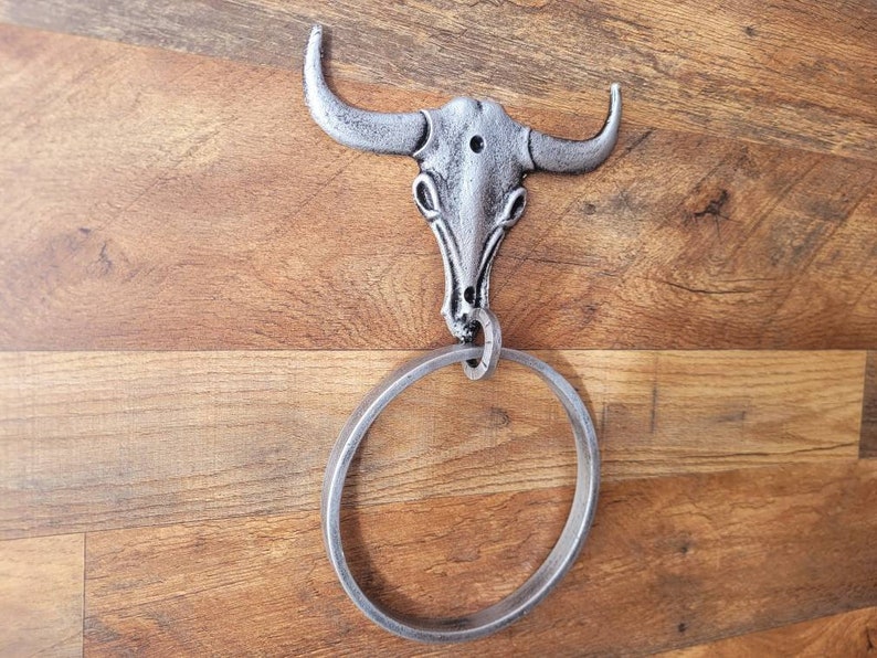 Longhorn Bathroom Towel Ring PICK your COLOR and SIZE Cast Iron Towel Ring Towel Hanger Ranch Cabin Bath Western decor image 3