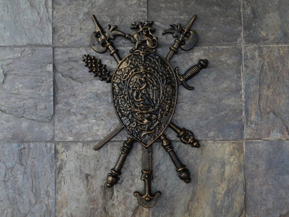 Vintage Metal Shield Wall Hanging, Medieval Knights Coat of Arms