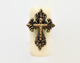 Cross Candle Pin, PICK YOUR COLOR, Candle Art, Pillar Candle decor, Baptism Gifts Ideas, First Communion Gifts | FleurDeLisJunkie |