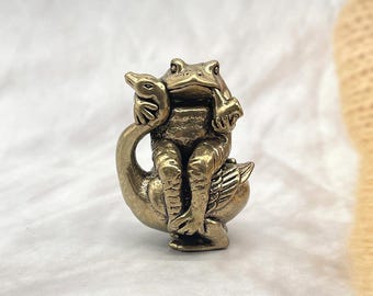 Brass Frog Riding Swan Figurine | Funny Reversal Copper Ornament | Humorous Animal Sculpture for Office Desk Decor