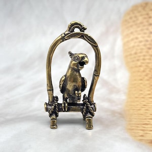 Antique Brass Parrot Figurine - Vintage Birdcage Ornament, Miniature Keychain Decor for Home & Car