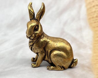 Vintage Brass Moon Rabbit Sculpture, Chinese Zodiac Bunny Figurine Feng Shui Lucky Decor , Copper Miniature Ornament