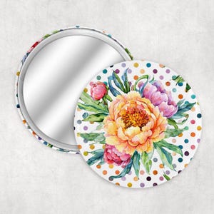 Floral Peach Dotted 2.25&quot; Pocket Mirror, Makeup Mirror, Purse mirror, Mini floral mirror, Small mirror, Party favor, Travel makeup mirror.