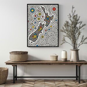 Hundertwasser-inspirierte Neuseeland Landkarte | Lebendige digitaler Download | Bunte NZ Kunst | Abstrakte druckbare Kunst | Aotearoa Kunstdruck