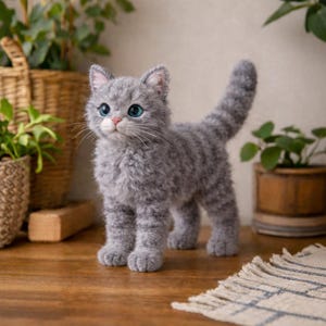 以下が含まれることがあります： 青い目とピンクの鼻を持つ、手作りの灰色の猫の置物。 猫はふわふわとした質感で、木製の表面に立っています。 猫の尾は上向きです。