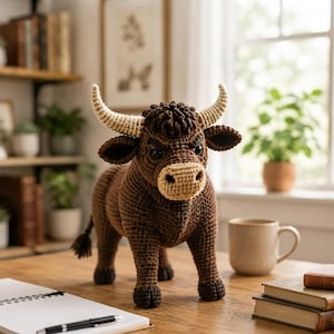 Può includere: Una statuetta di toro all'uncinetto marrone con un corpo testurizzato, un muso beige chiaro e due corna ricurve color crema. Il toro presenta piccoli occhi scuri, una coda con nappa e quattro zampe robuste con zoccoli di colore marrone scuro.