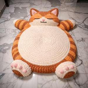 Puede incluir: Una alfombra de gato hecha a mano, tejida a ganchillo, en tonos naranja, marrón y crema. La alfombra presenta un cuerpo redondo con patas extendidas, una cara de gato con los ojos cerrados y detalles a rayas.