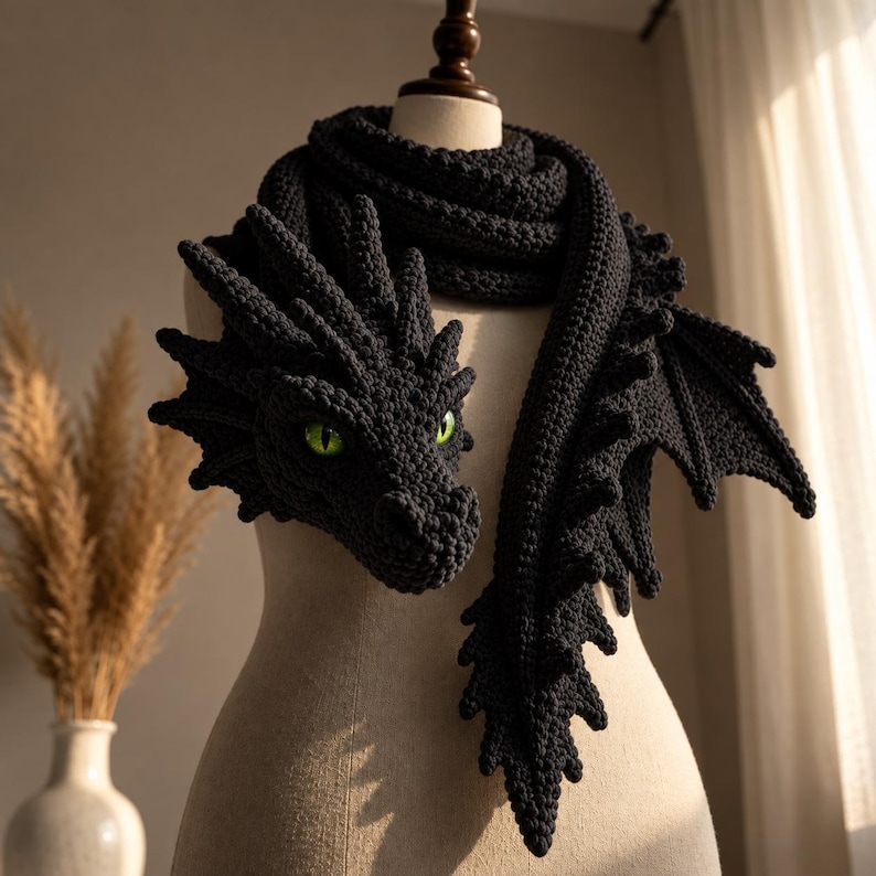 May include: A dark charcoal gray crocheted scarf shaped like a dragon, featuring a detailed head with bright green eyes, textured scales along the neck, and a long tail section with small wing-like appendages extending from the side of the scarf.