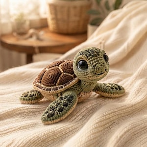 Peut inclure: Une peluche tortue de mer crochetée avec une carapace brune texturée aux accents brun foncé et un corps vert clair. La tortue possède de grands yeux noirs brillants, une petite bouche cousue et des nageoires détaillées avec des taches vert foncé.