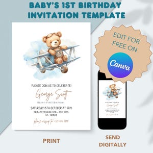 Premier anniversaire ours, invitation anniversaire enfant, modèle modifiable et imprimable 5x7, fête enfant, invitation digitale