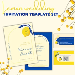 Ensemble modèle d'invitation de mariage, réponse en ligne QR Code, invitation modifiable, numérique et imprimable, thème de mariage citron.