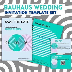 Ensemble modèle d'invitation de mariage, réponse en ligne QR Code, invitation modifiable, numérique et imprimable, style Bauhaus géométrique