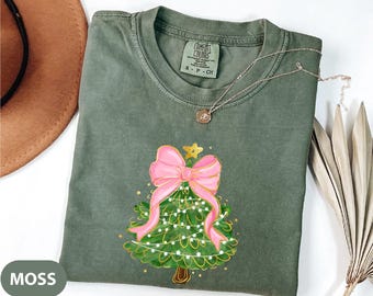 Comfort Colors Coquette Christmas Tree Shirt: Pink Bow Tee
