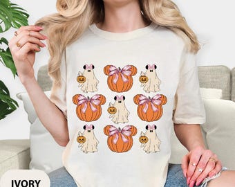 Comfort Colors Pumpkin Bow T-Shirt, Disney Minnie Halloween Ghost Shirt, Fall Minnie Sweatshirt, Girls Spooky Season Gift, Halloween Tee