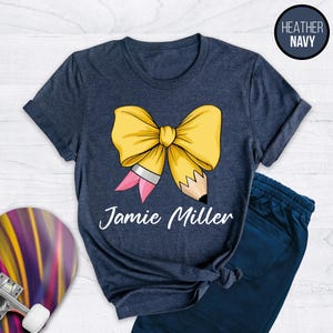 Custom Pencil Coquette Teacher T-Shirt, Personalized Teacher Gift, Coquette Teacher Shirt, Coquette Bow Shirt