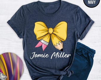 Custom Pencil Coquette Teacher T-Shirt, Personalized Teacher Gift, Coquette Teacher Shirt, Coquette Bow Shirt
