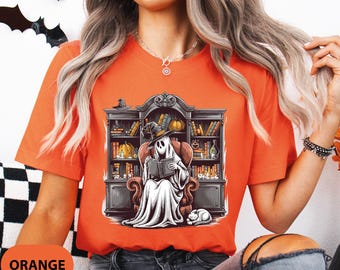 Retro Ghost Reading Shirt: Halloween Librarian Teacher Tee