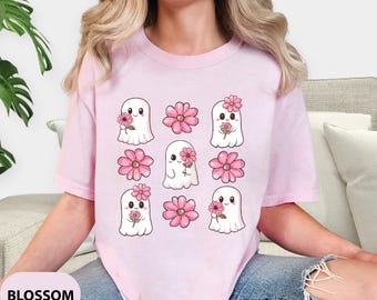 Comfort Colors® Halloween Pretty Ghost Shirt, Spooky Cute Floral Shirt, Ghost Halloween Tee, Cute Ghosts with Flowers Tee, Halloween Shirt