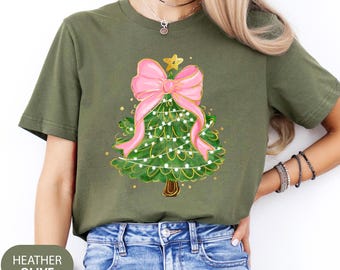 Coquette Christmas Tree Shirt: Pink Bow Tee, Merry Christmas