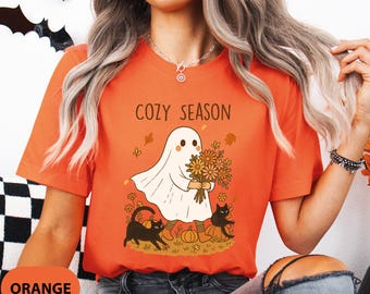 Cozy Ghost Season Shirt, Cute Fall Ghost Shirt, Autumn Halloween Ghost Tee, Black Cat Cozy Season Shirt, Autumn Halloween Ghost Gift