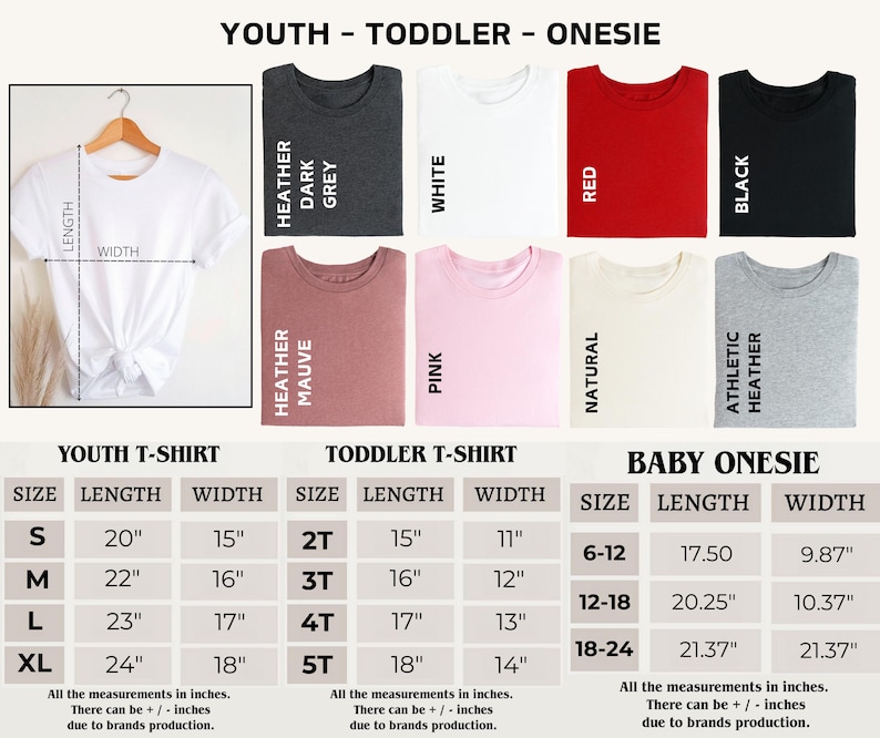 May include: A white youth t-shirt hanging on a wooden hanger, with a size chart for youth, toddler, and baby onesies. The chart shows measurements in inches for length and width, and includes various colors like red, black, and pink.