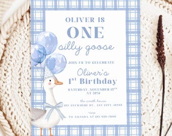 One Silly Goose 1st Birthday Invitation Template, Editable 1st Birthday Boy Invite, Silly Goose Theme, Canva Template
