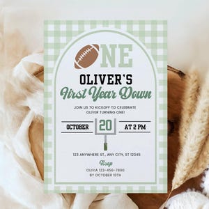 First Year Down Birthday Invitation with Photo, Editable Football Birthday Party Invitation, Football Theme 1st Birthday, Boy Sport Invite