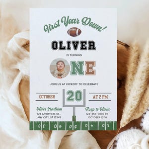First Year Down Birthday Invitation, Football 1st Birthday Party Invite With Photo, Boy Football Birthday Invite, Football Theme Birthday