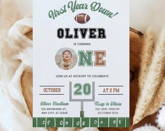 First Year Down Birthday Invitation, Football 1st Birthday Party Invite With Photo, Boy Football Birthday Invite, Football Theme Birthday