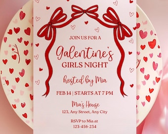 Galentine's Girls Night Invite, Valentine's Day Invitation, Coquette Bow Dinner Party Invite, Canva Template