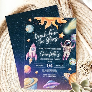 Modelo de convite de aniversário &quot;Alcance as Estrelas&quot;, convite para menina de 4 anos com tema &quot;Espaço Sideral&quot;, tema de aniversário &quot;Astronauta Galáxia&quot;, &quot;Atire nas Estrelas&quot;