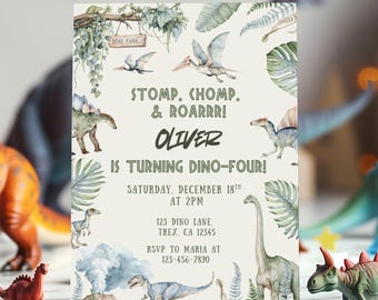 Editable Dinosaur Birthday Invitation, 4th Birthday Party Invite, Dinosaur Theme Party, Stomp Chomp Roar Boy Birthday Dinosaur Invite