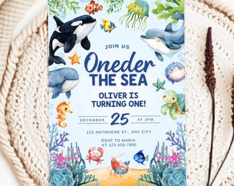 Invitation Oneder la mer, thème d'anniversaire océan nautique pour enfants, anniversaire sous la mer, 1er anniversaire garçon mer Invitation
