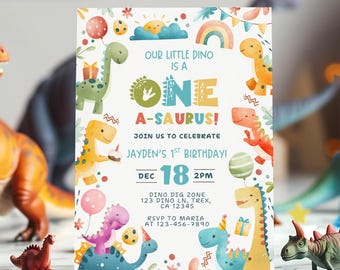 Dinosaur Birthday Invitation, Boy 1st Birthday Invite, Dino First Birthday Party, One-A-Saurus Invitation, Editable Canva Template