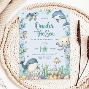 Oneder The Sea Birthday Invitation, Under The Sea First Boy Birthday Invite Template, Ocean Sea Animal Theme Party Invite, Two The Sea