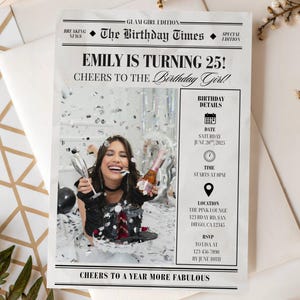 Editable Birthday Newspaper Invitation, The Birthday Times Invite, Birthday Girl Newspaper Canva Template, Newspaper For Birthday Invitation