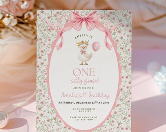 One Silly Goose Birthday Invite, Editable 1st Birthday Girl Invitation, Silly Goose Theme, Vintage Pink Gingham Invite