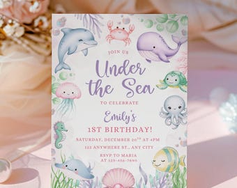 Faire-part d'anniversaire sous la mer, invitation à une fête Oneder la mer, thème animaux océaniques pastel modifiable