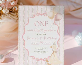 One Silly Goose Birthday Invite, Editable 1st Birthday Girl Invitation, Silly Goose Theme, Pink Gingham Invite