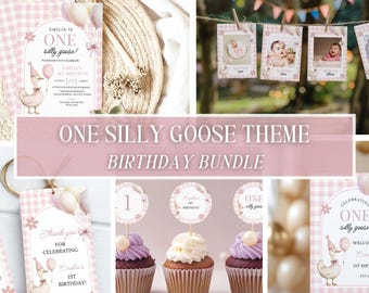 One Silly Goose Birthday Bundle, Goose 1st Birthday Girl Decor, Pink Gingham Goose Party Invite, Editable Canva Template