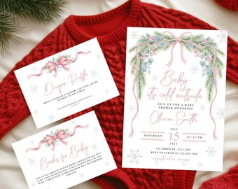 May include: A red baby sweater with three baby shower invitation cards. The invitation cards have pink ribbons and the text "Diaper Raffle" and "Books for Baby". The main invitation says "Baby it's cold outside".