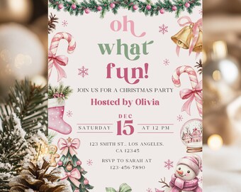 Oh What Fun Holiday Party Invite, Editable Pink Christmas Invite, , Printable Preppy Christmas Party Invitation